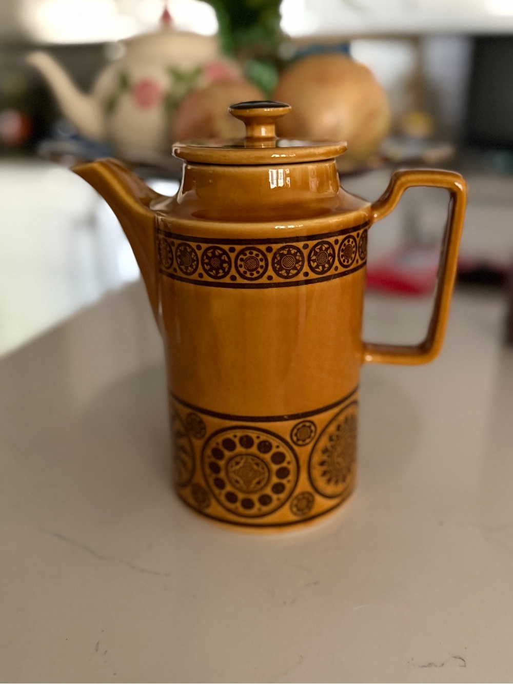 Mustard Yellow Ceramic Coffee Pot with Decorative Banding
